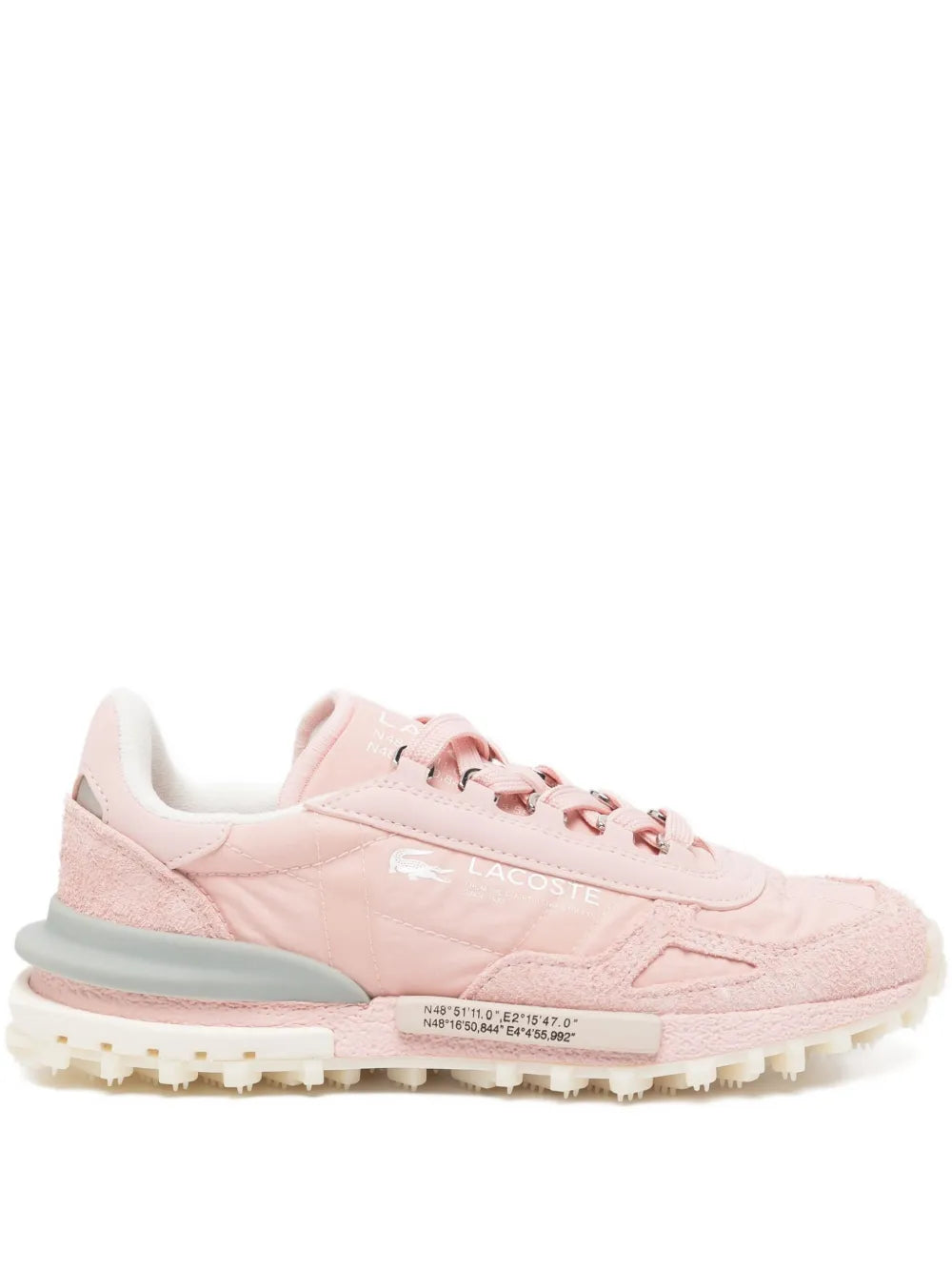 Pink Lacoste sneaker with lace-up front, suede/textile upper, chunky sole
