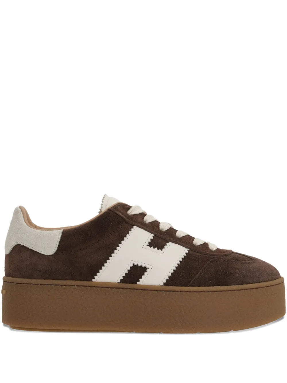 Dark brown suede platform sneaker with white logo panels and lace-up front