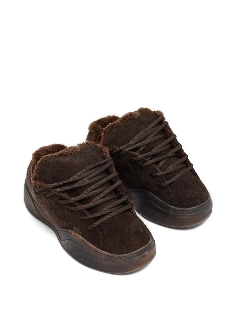 Pair of dark brown suede lace-up sneakers with low profile rubber soles
