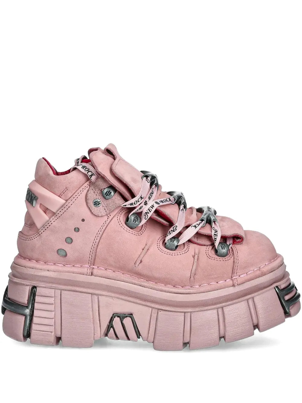 Pink lace-up platform trainers with chunky sole, metal eyelets, and side strap details