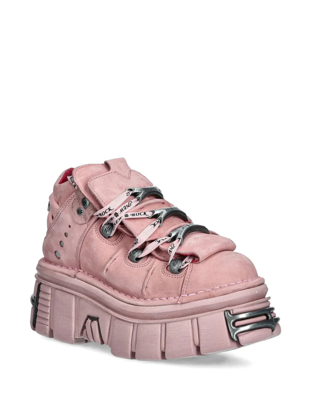 Pink lace-up platform trainers, high sole with tread, side buckle strap, lace wraps