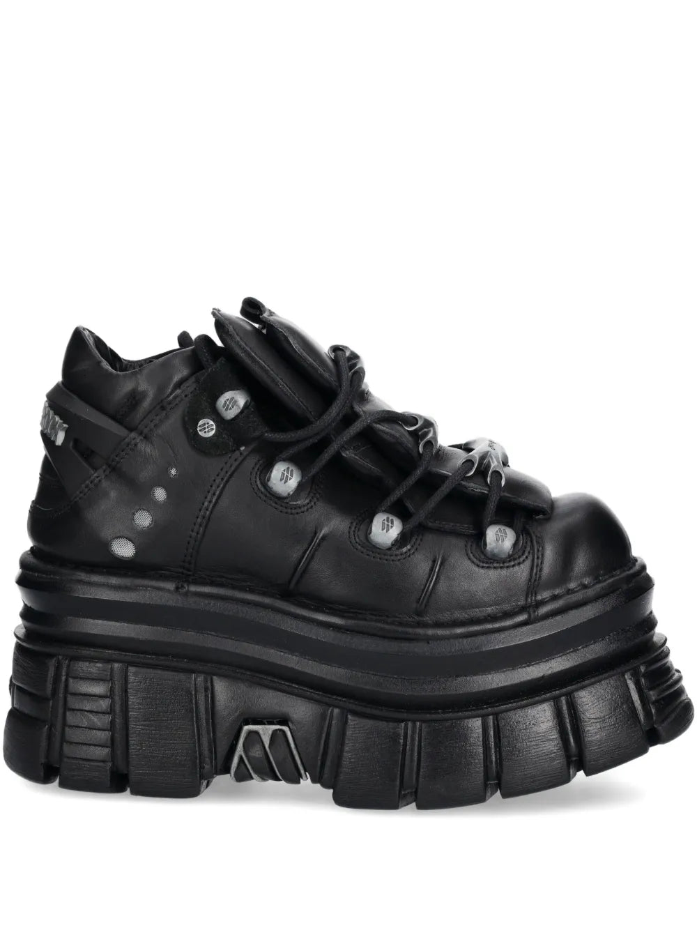 Black platform lace-up trainers with chunky tread and metal eyelets.