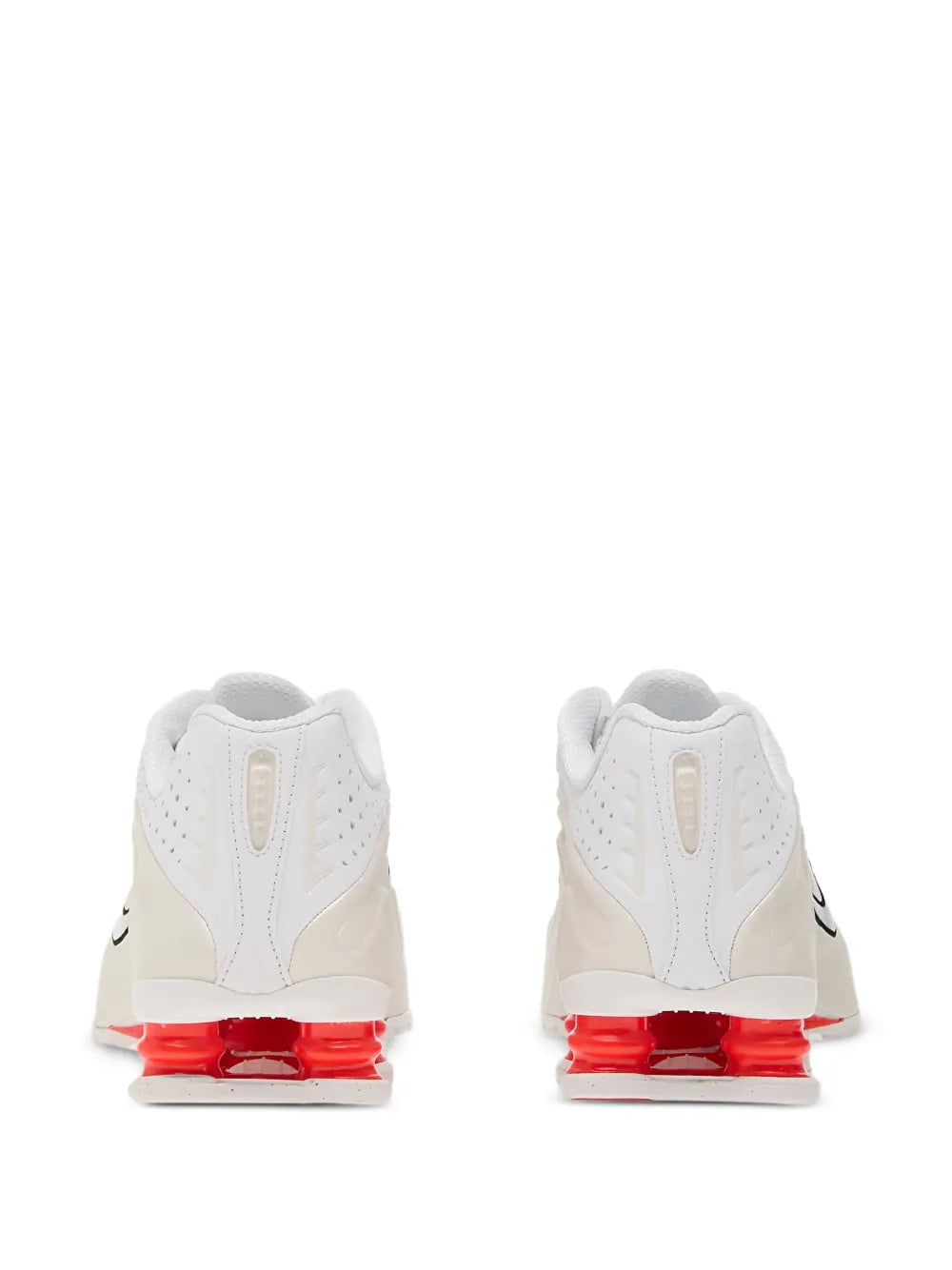 White Shox R4 sneakers with red heel air pod units and rear tab detail