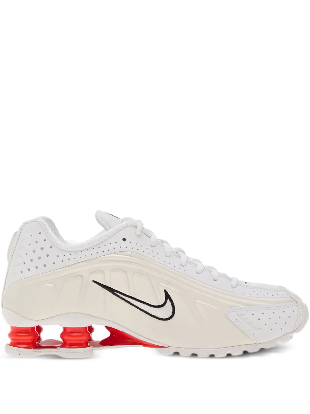 White Shox R4 sneakers with black swoosh and red air pods