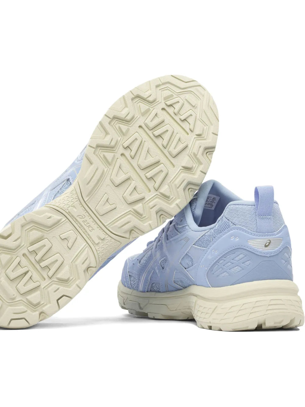 ASICS blue textured trainers with treaded rubber outsole, rear view