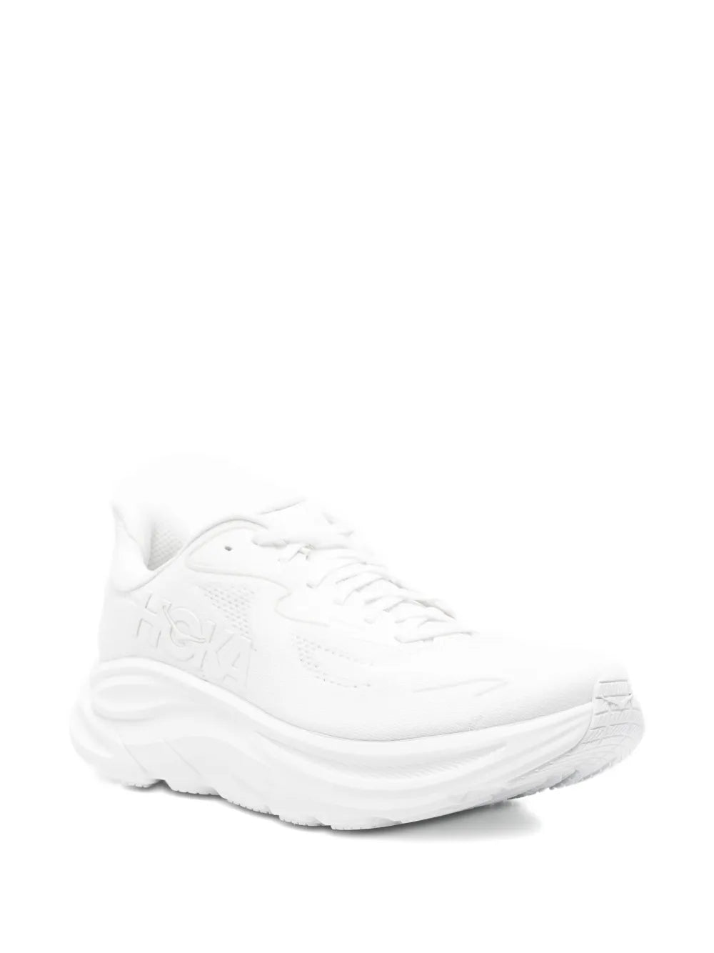 Hoka white lace-up sneakers, side view with thick midsole