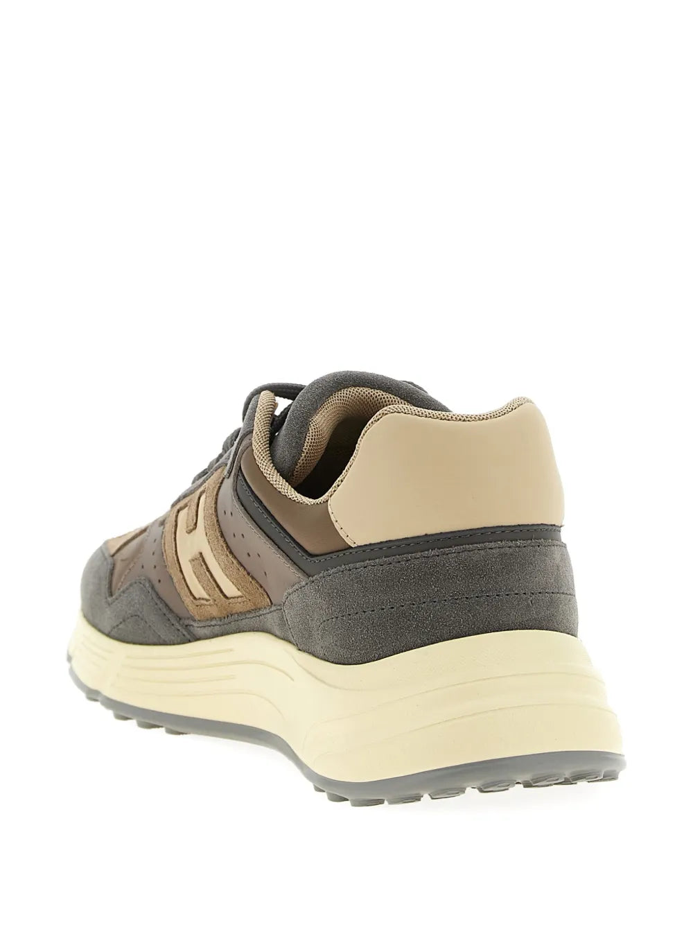 Suede leather lace-up sneakers, grey and tan panels with cushioned cream midsole