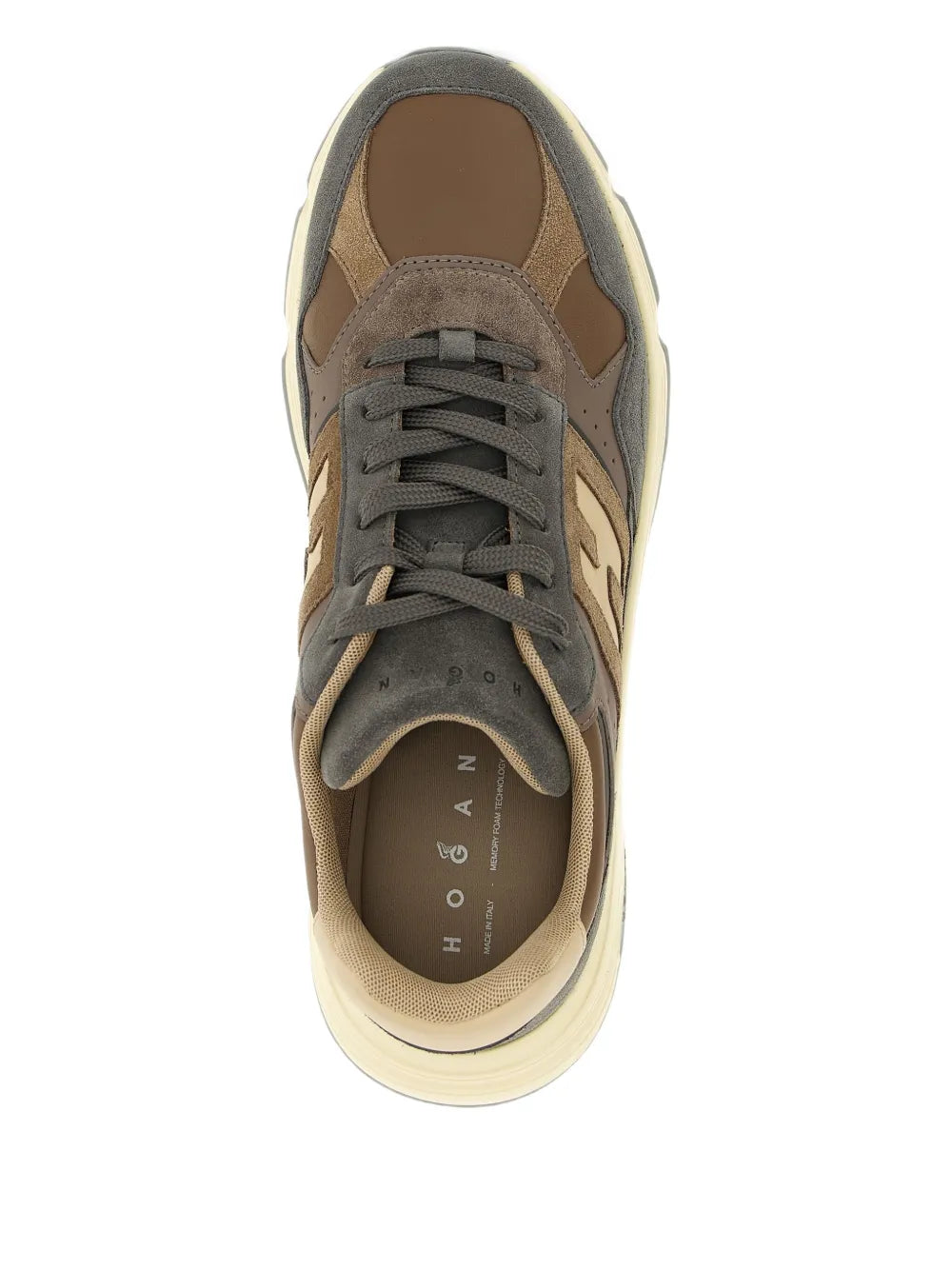 Suede leather sneakers with grey laces and tan interior lining, cream sole