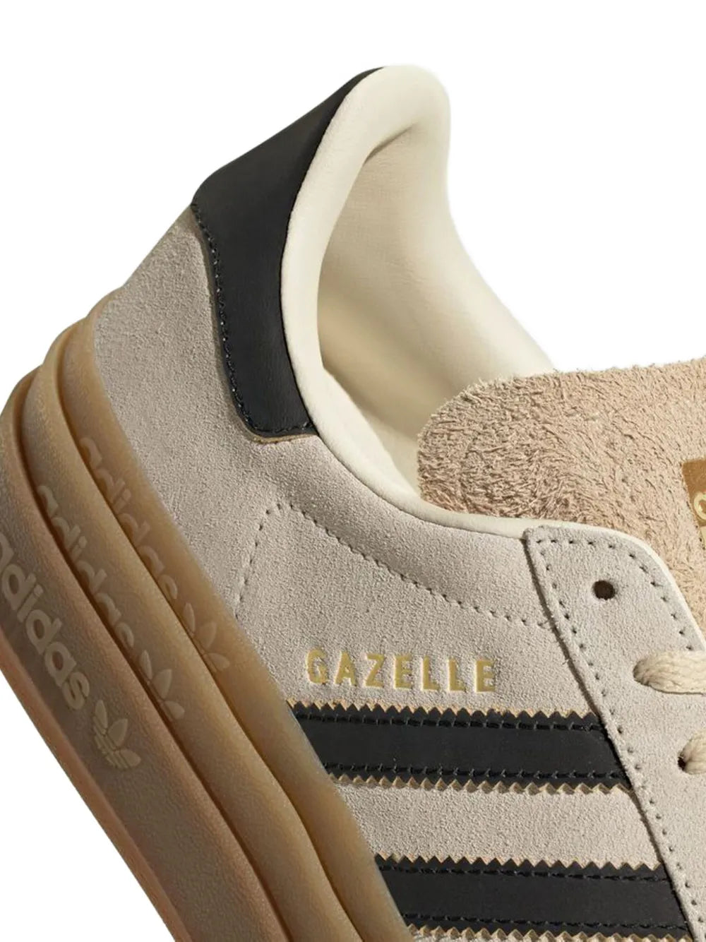 Beige adidas Gazelle suede upper detail with black collar panel and 3-Stripes