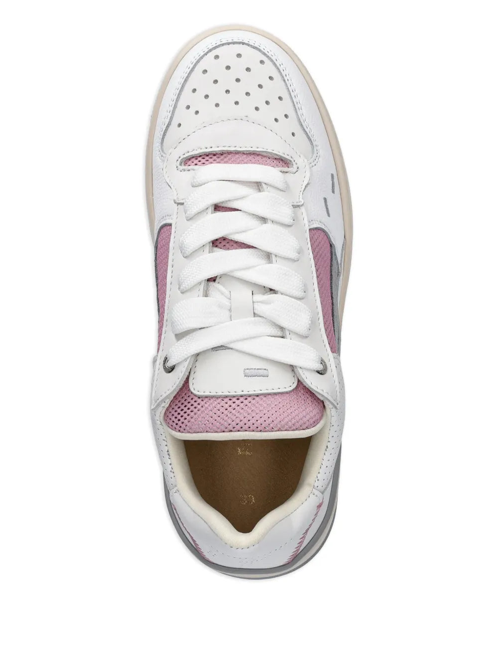 White low-top sneaker showing padded tongue, lace-up front, and pink mesh lining