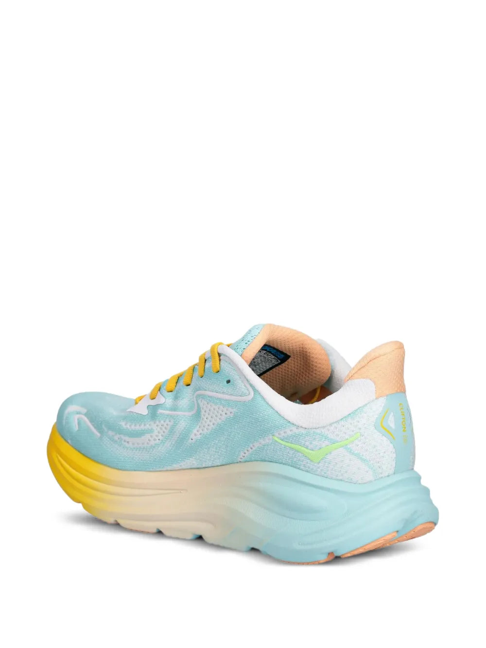 Light blue running sneaker side view with yellow laces and chunky gradient sole