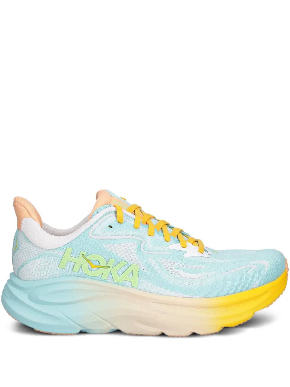 Light blue running sneaker with yellow laces and gradient sole