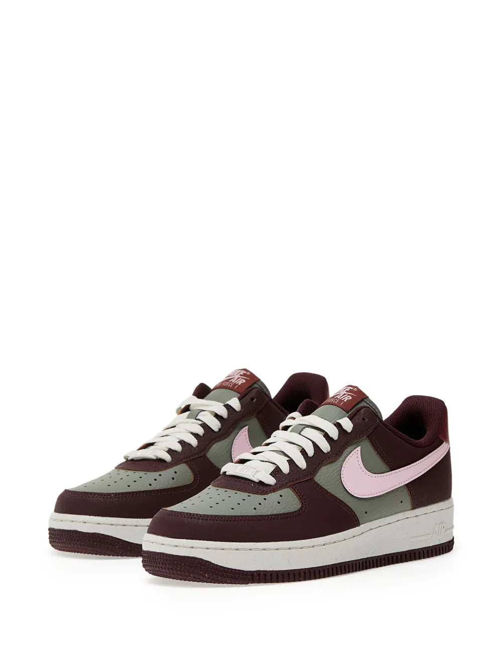 Low-top leather sneaker with burgundy and olive panels, pinkish swoosh, white laces