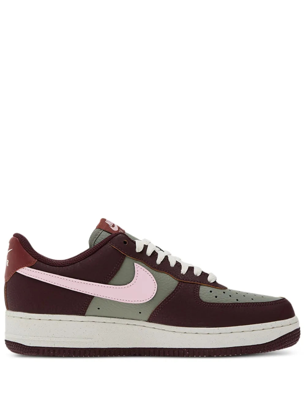 Low-top leather sneaker in burgundy, olive, and off-white with white laces