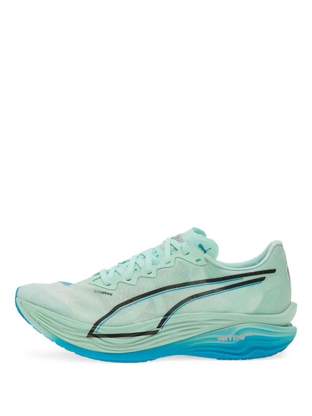 PUMA running shoes, mint green side view with blue stripe and thick sole
