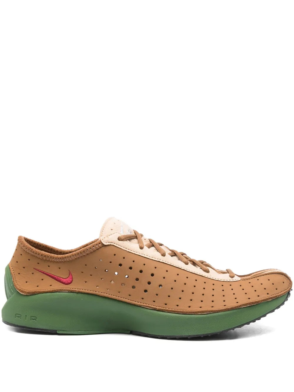 Nike Air Superfly tan soccer cleat with green sole and pink swoosh