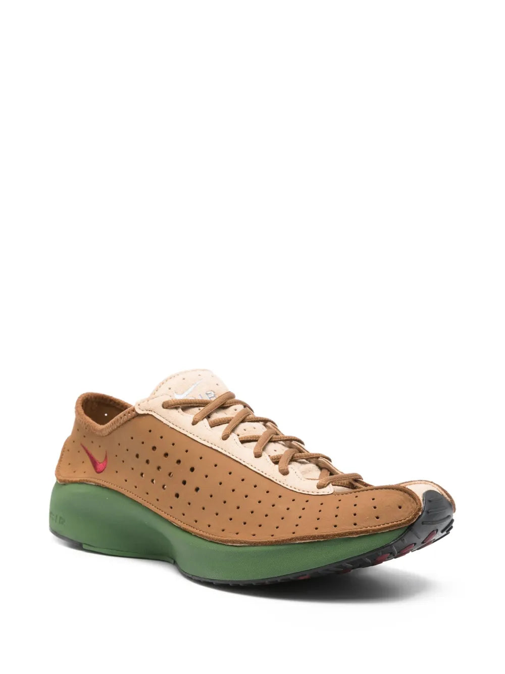 Nike Air Superfly tan low-cut cleat with green outsole and pink logo