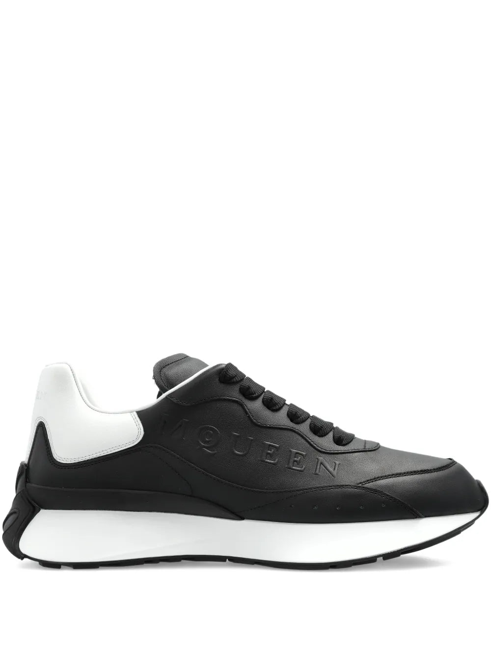 Black leather lace-up trainers with embossed logo, white side panel and rubber sole