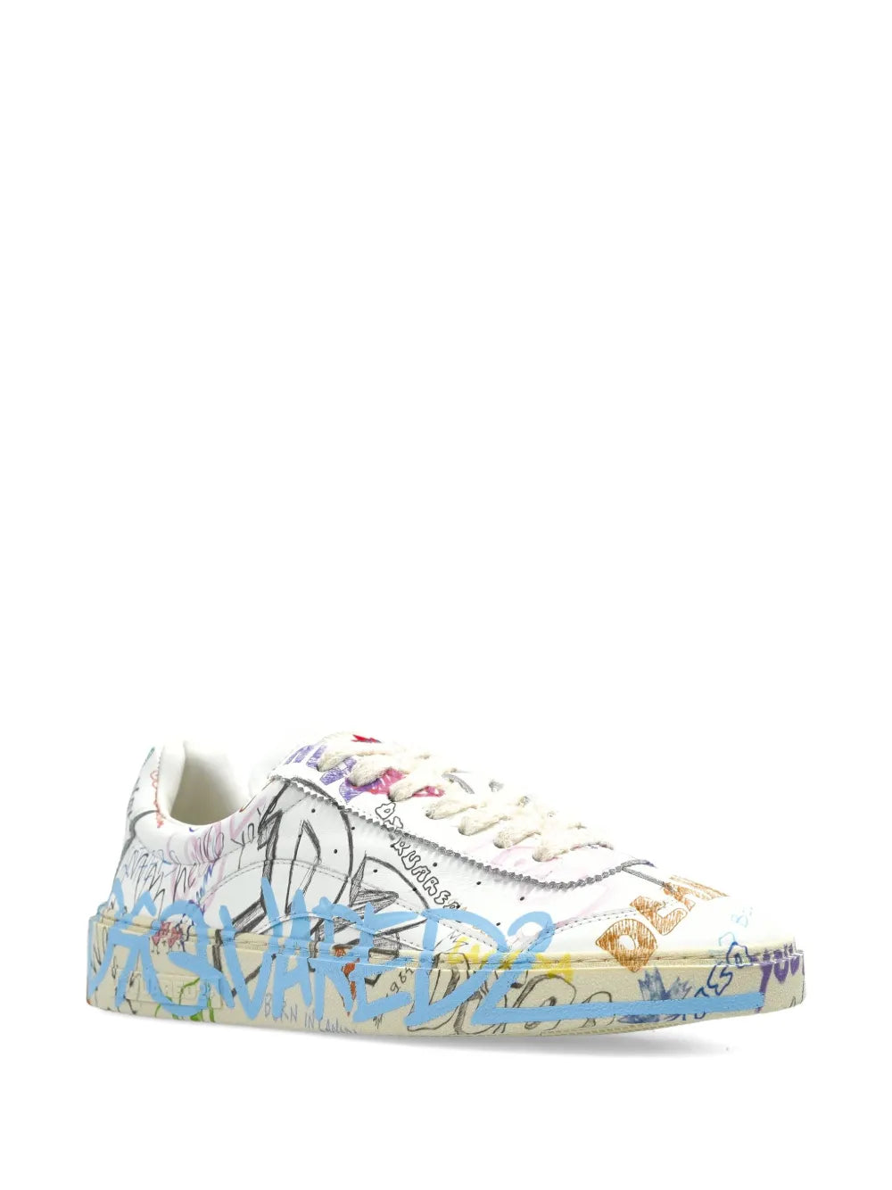 Dsquared2 leather printed trainers, white with multicolor graffiti side panel and laces