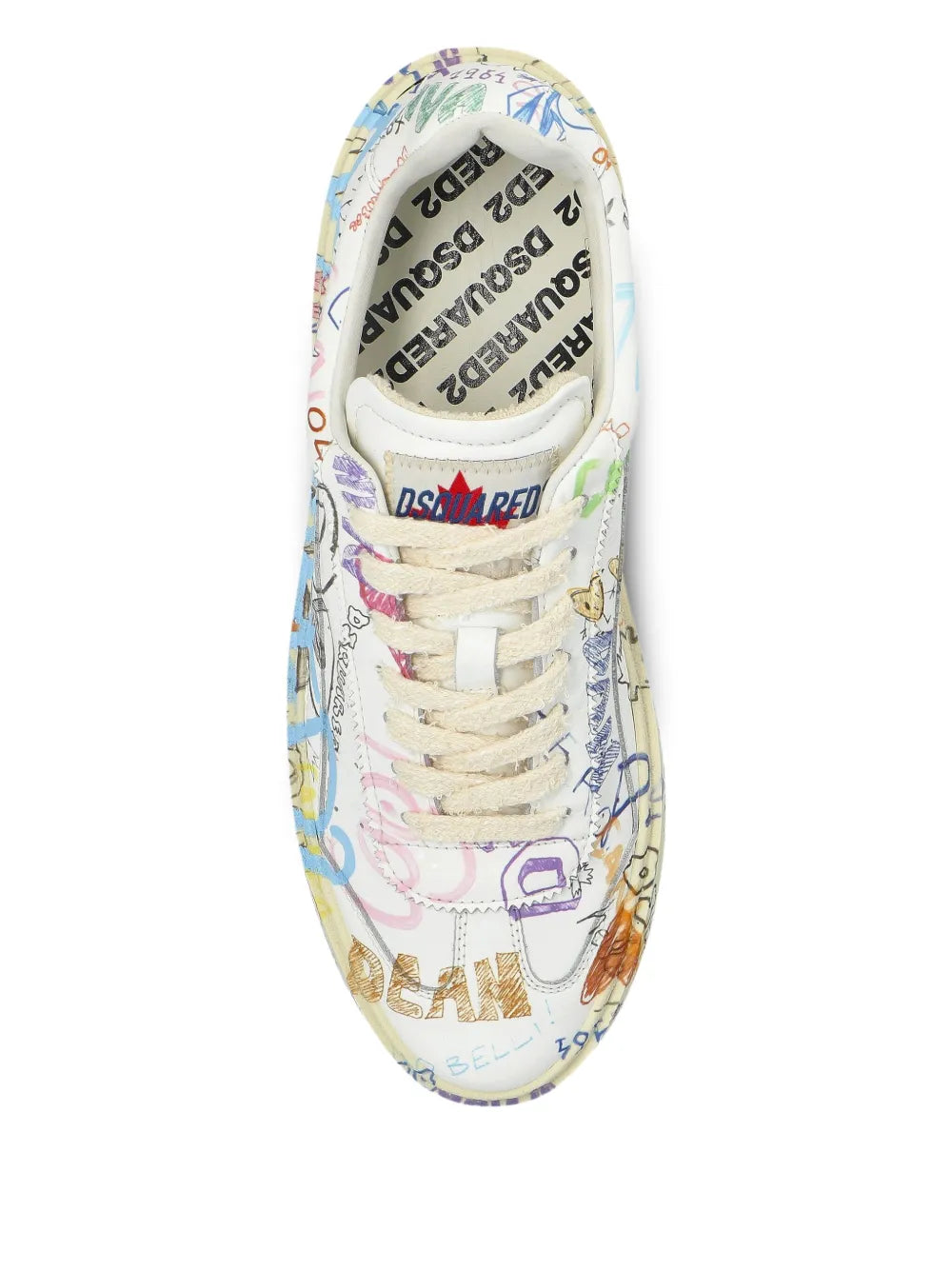 Dsquared2 leather printed trainers, white with colorful print, lace-up front view