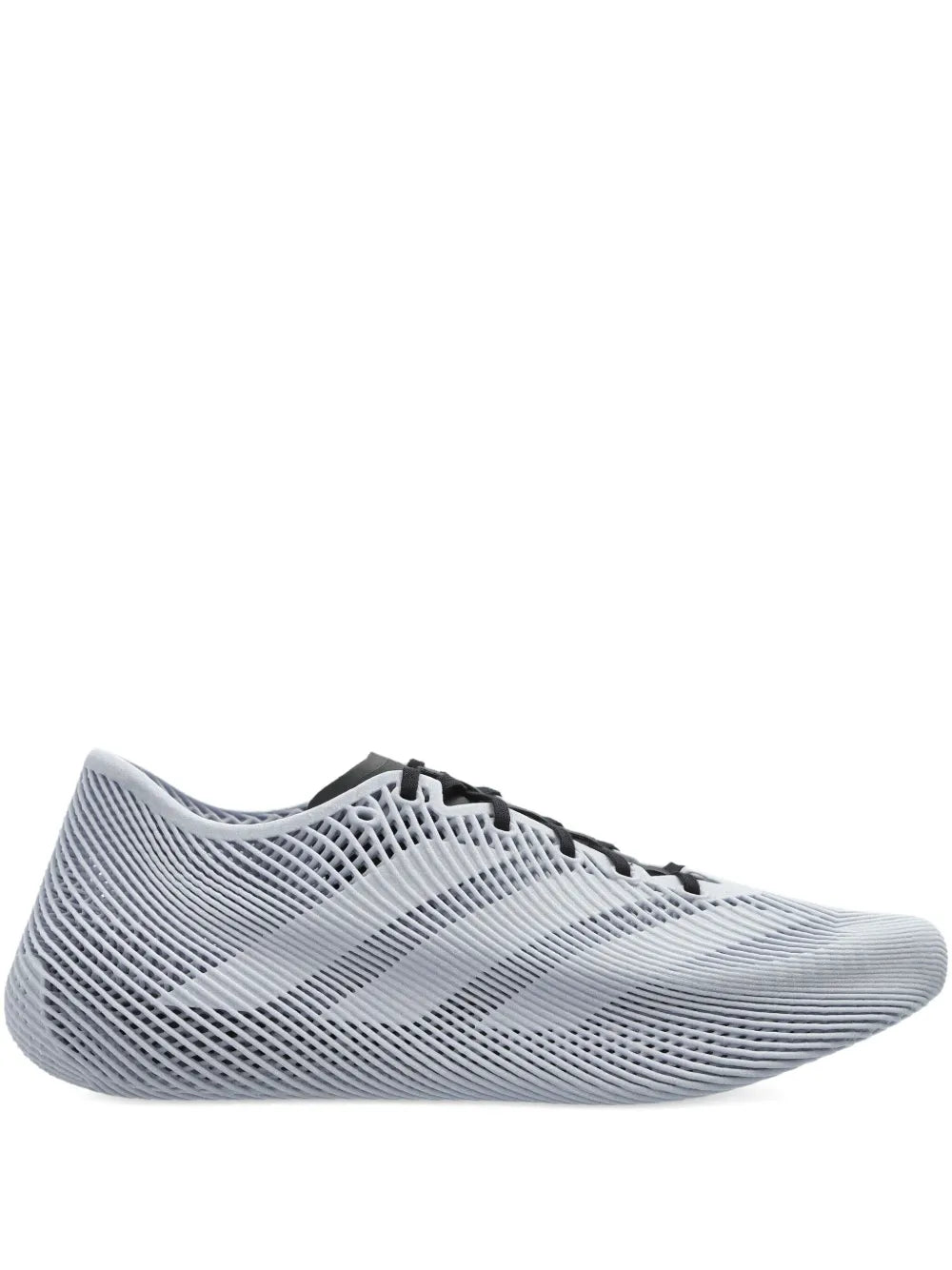 Grey low-top mesh sneakers with lattice pattern and black lace-up closure