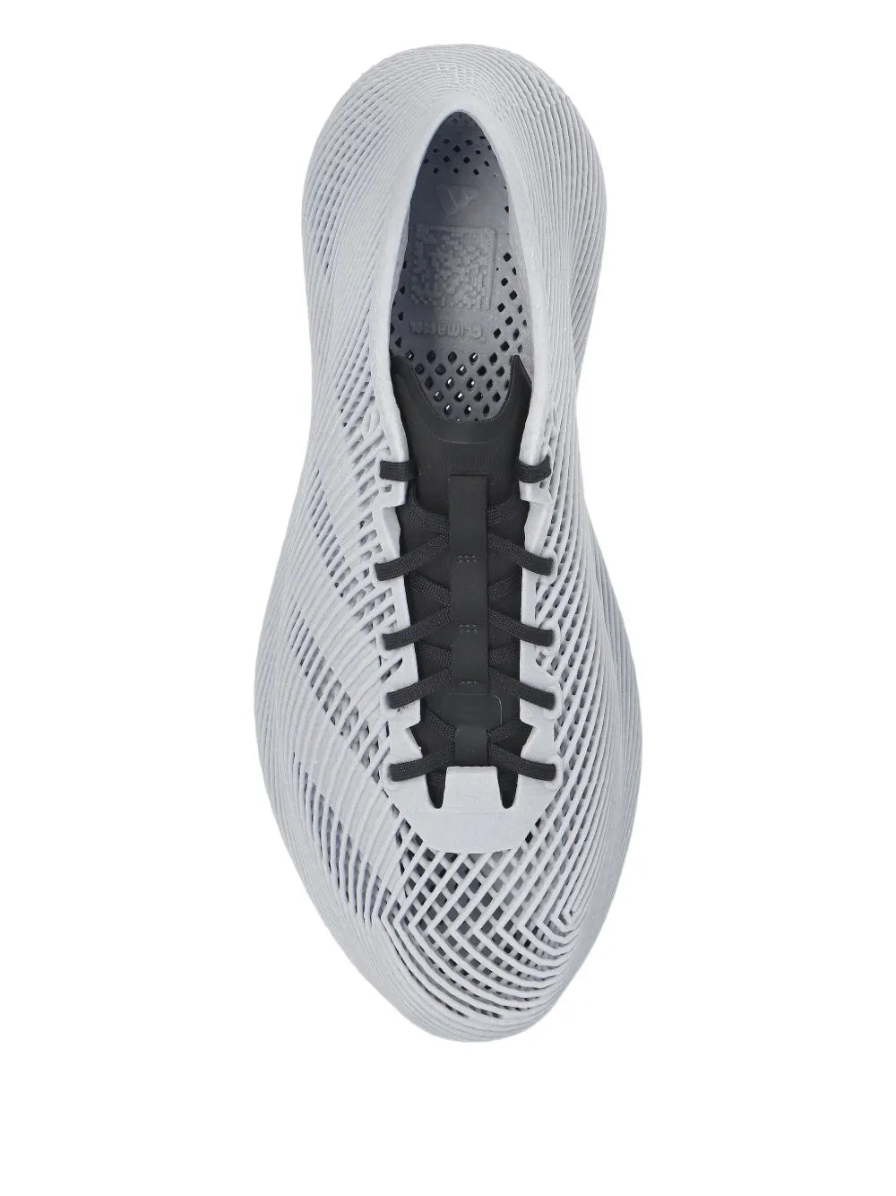 Grey sneaker upper with black lace-up, perforated insole, and mesh lattice sides