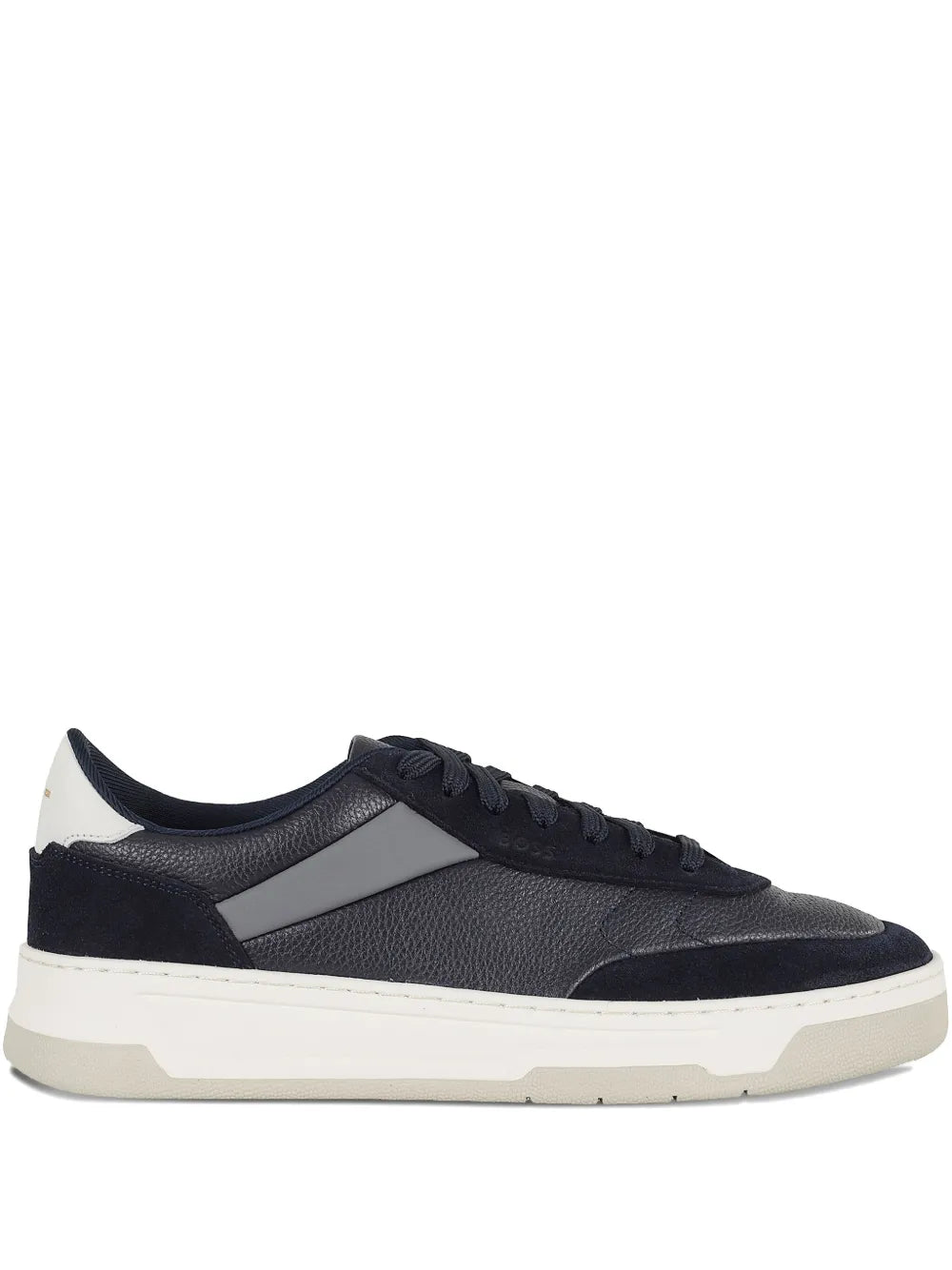 Black leather panel sneakers with lace-up front and off-white rubber sole