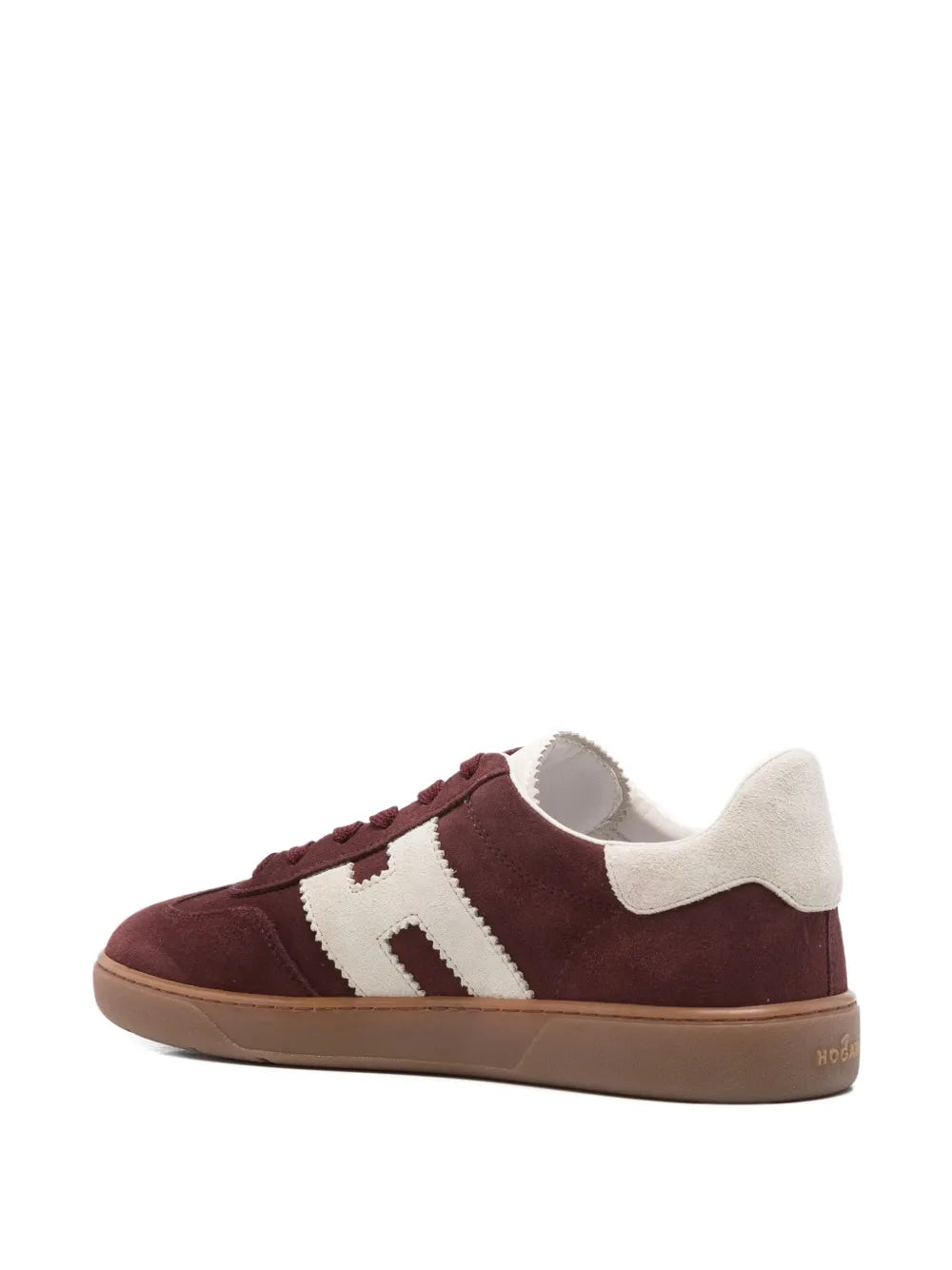 Burgundy lace-up sneakers with white side patch and padded light-cream collar