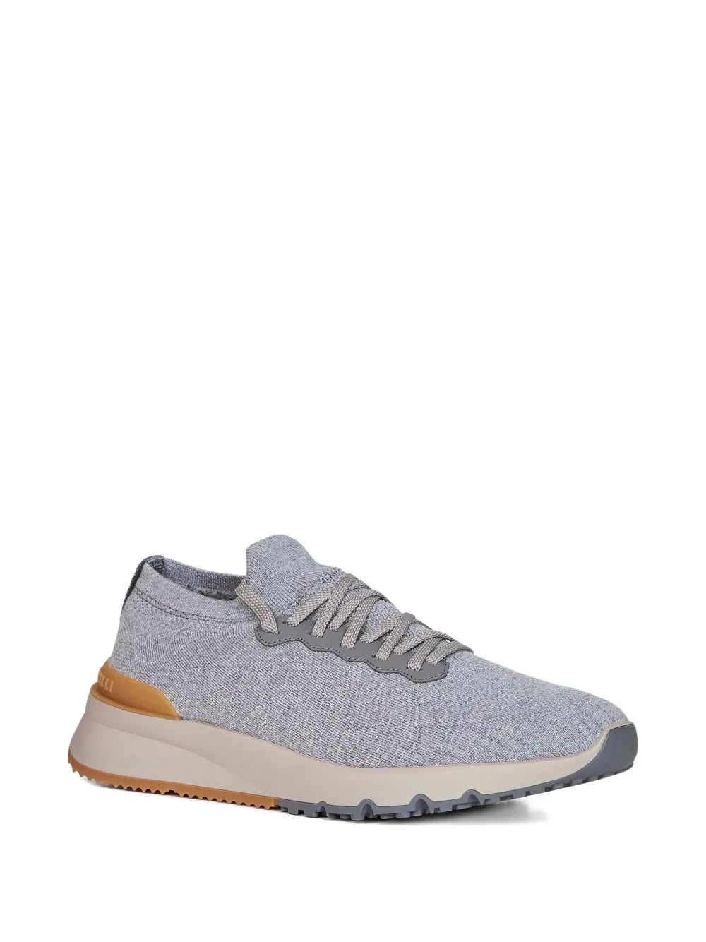 Grey knit lace-up sneaker side view with tan heel stripe and cushioned outsole