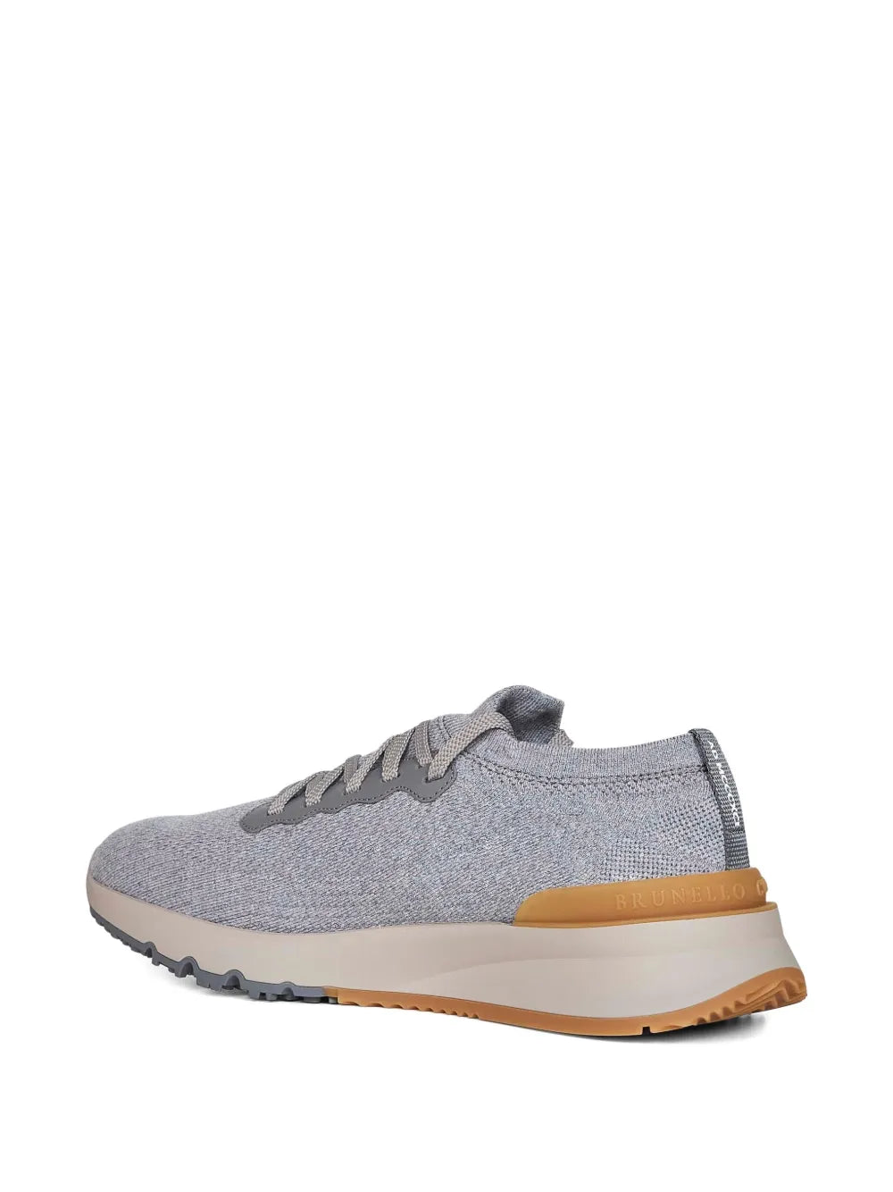 Grey knit sneaker back quarter view with lace-up and tan heel panel
