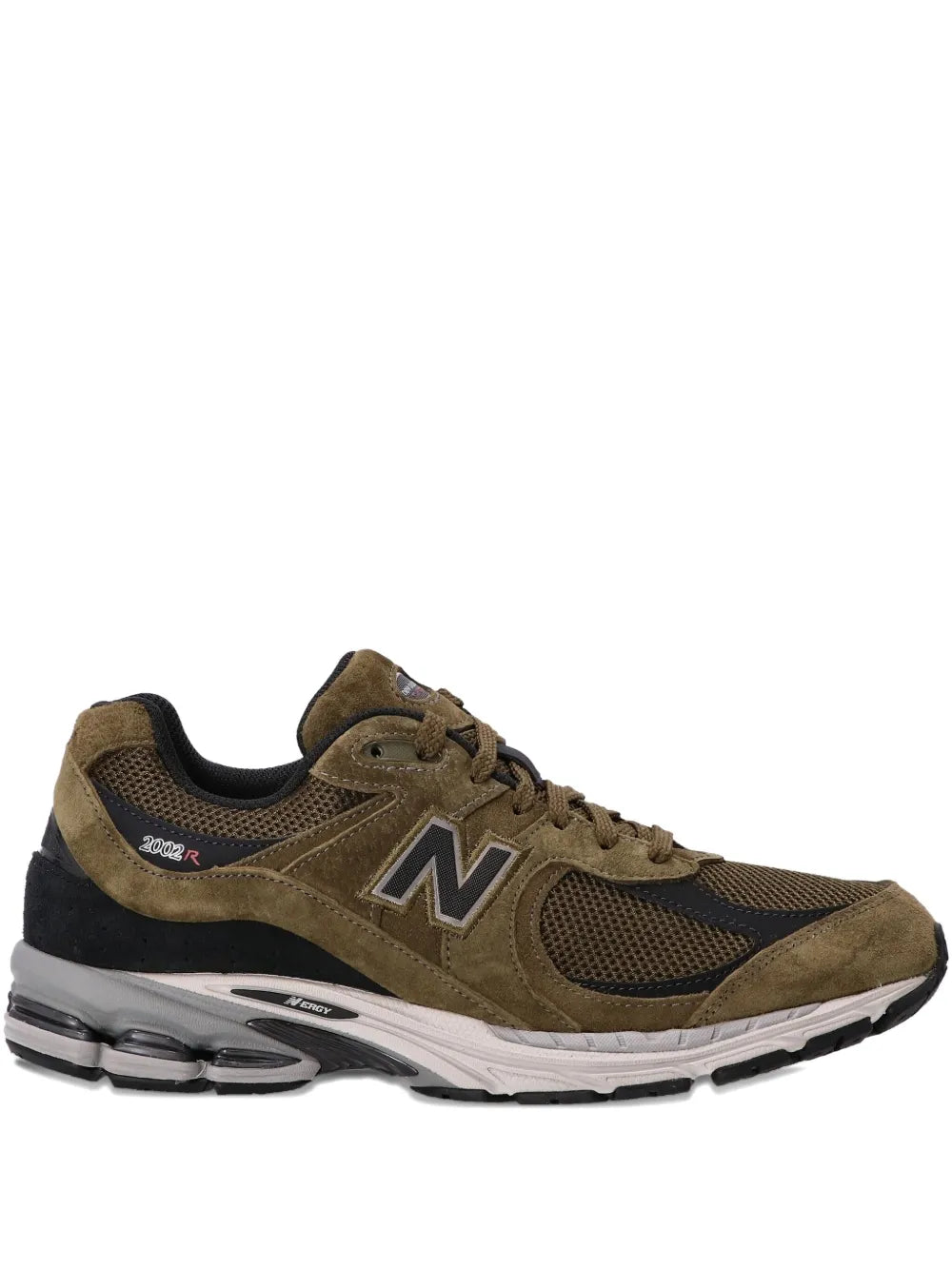 New Balance 2002R olive suede sneakers, side view with N logo and laces
