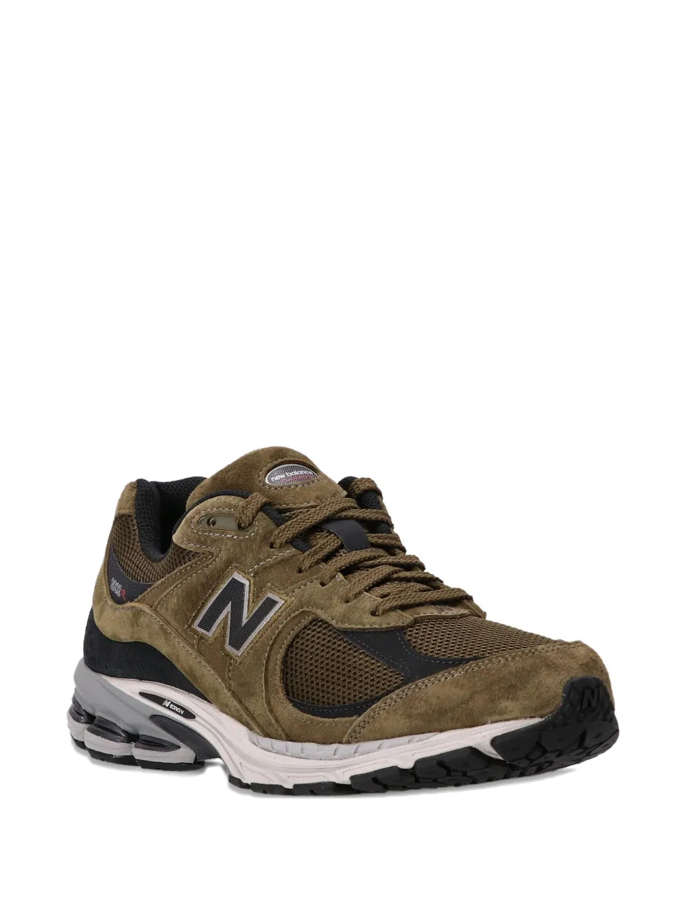 New Balance 2002R olive suede sneakers, three-quarter side view with gray sole