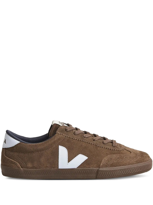 Brown suede lace-up sneakers with white VEJA V logo and black heel lining