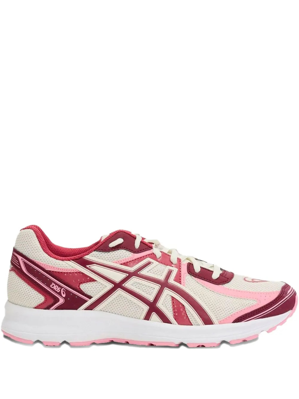 White and maroon low-top sneakers with mesh panels and lace-up closure
