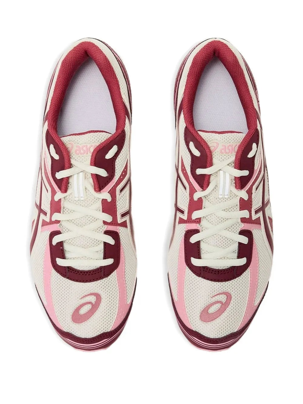 Maroon and white lace-up sneakers with breathable mesh upper and tongue logo