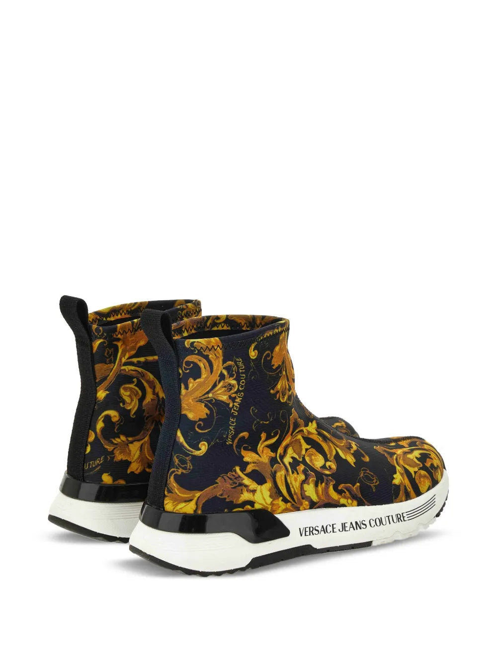 Dark baroque-pattern slip-on boots with stretch collar and white rubber sole