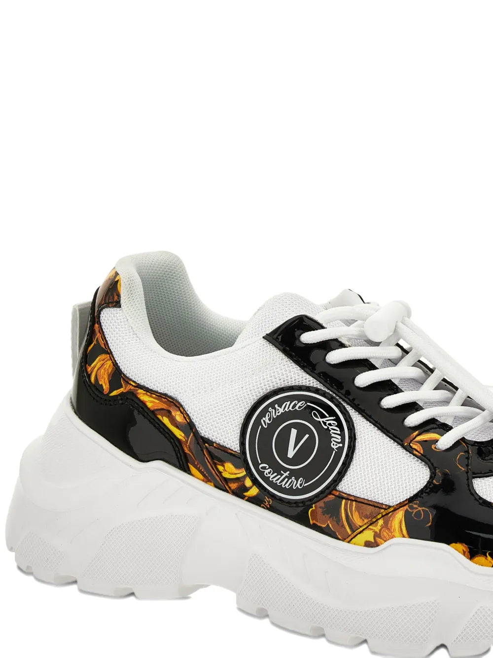 Versace Jeans Couture platform sneakers, Barocco-print badge with white laces and black trim