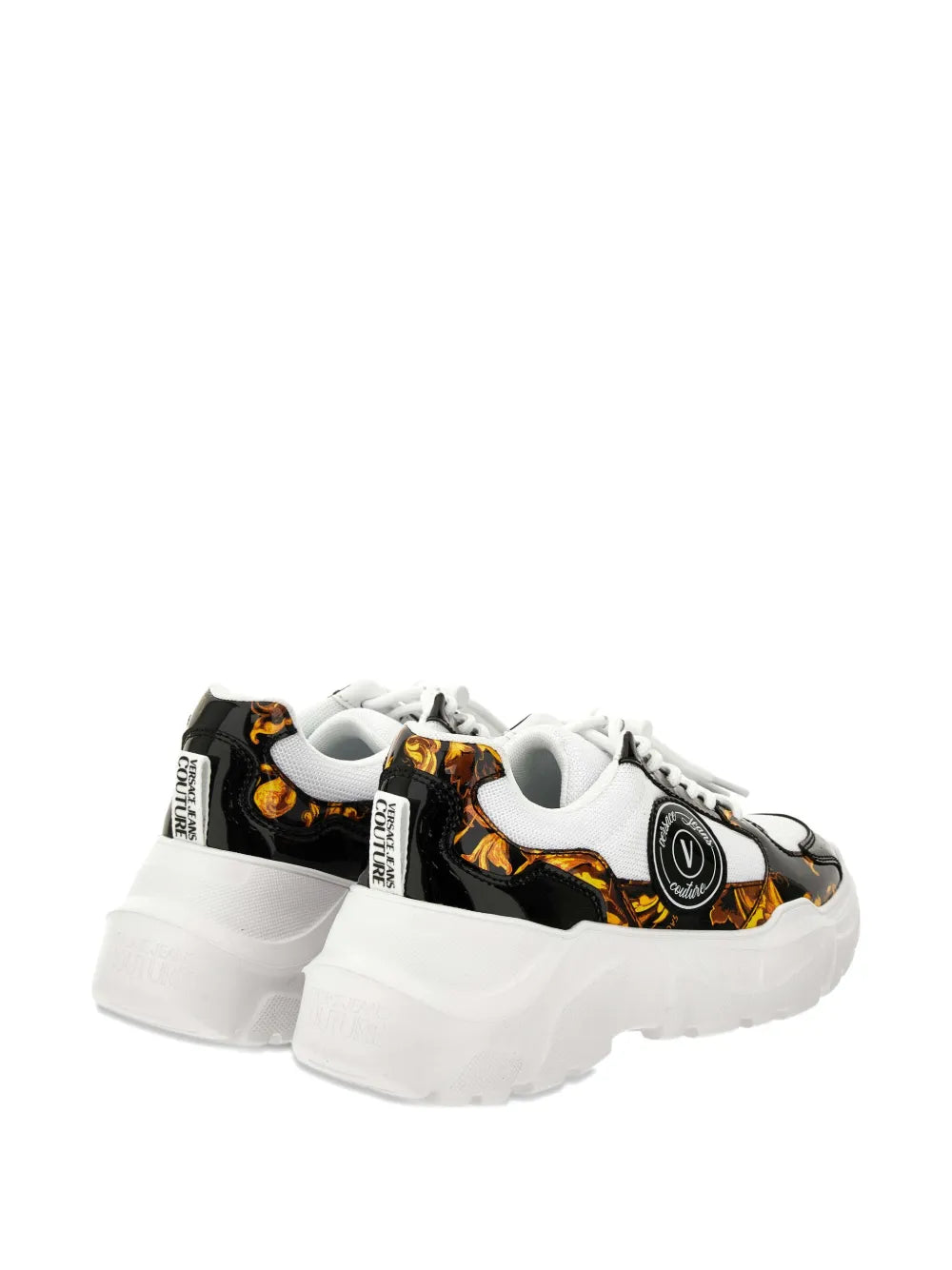 Versace Jeans Couture platform sneakers, side view with orange-gold Barocco print accents
