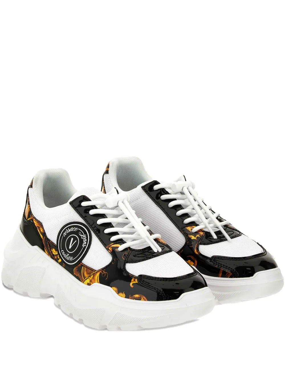 Versace Jeans Couture platform sneakers: white with black Barocco-print panels and laces