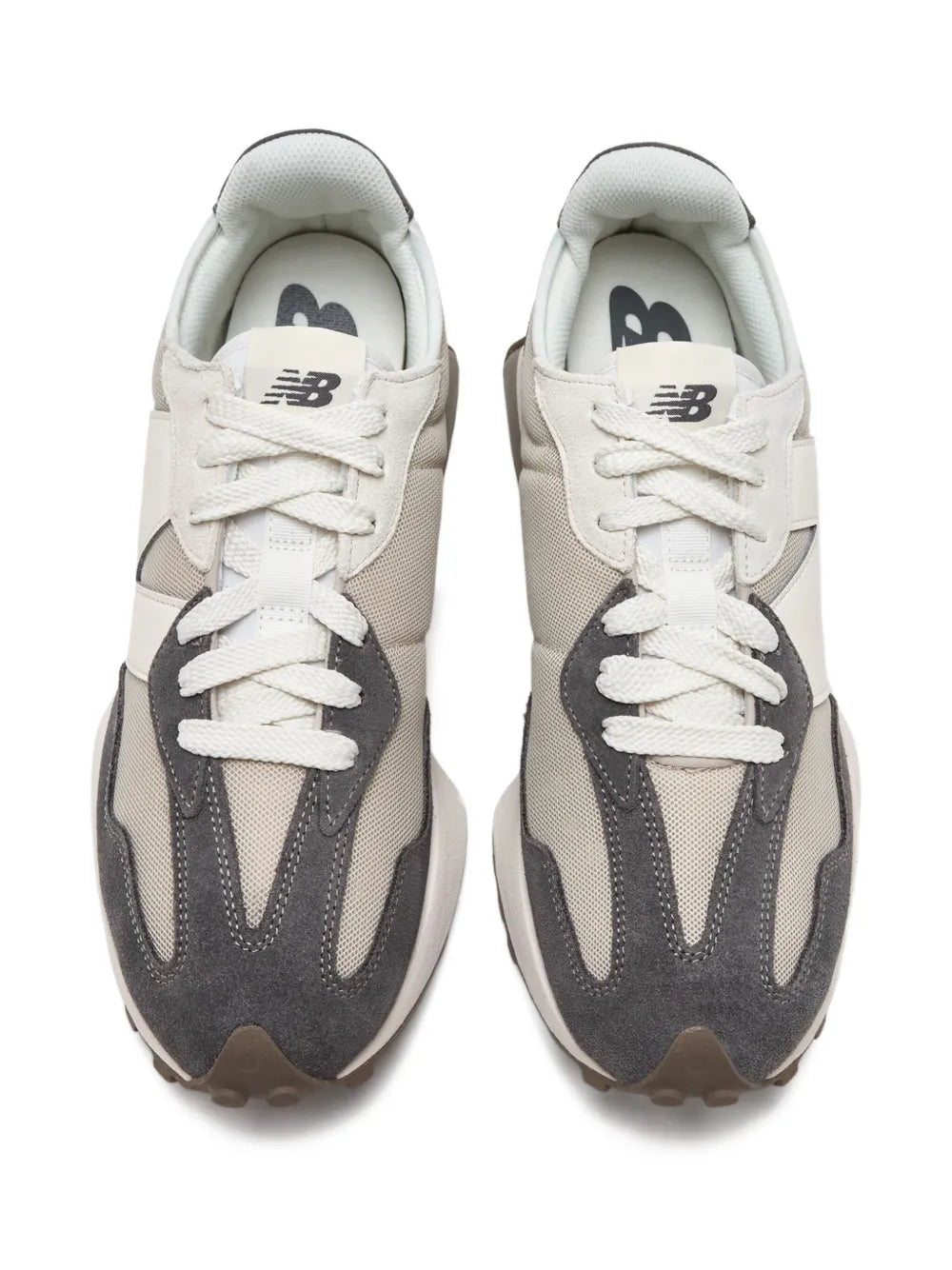 New Balance 327 lace-up sneakers, grey and white panels with New Balance logo