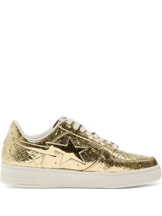 BAPE Sta sneakers, gold metallic leather with black star and white rubber sole