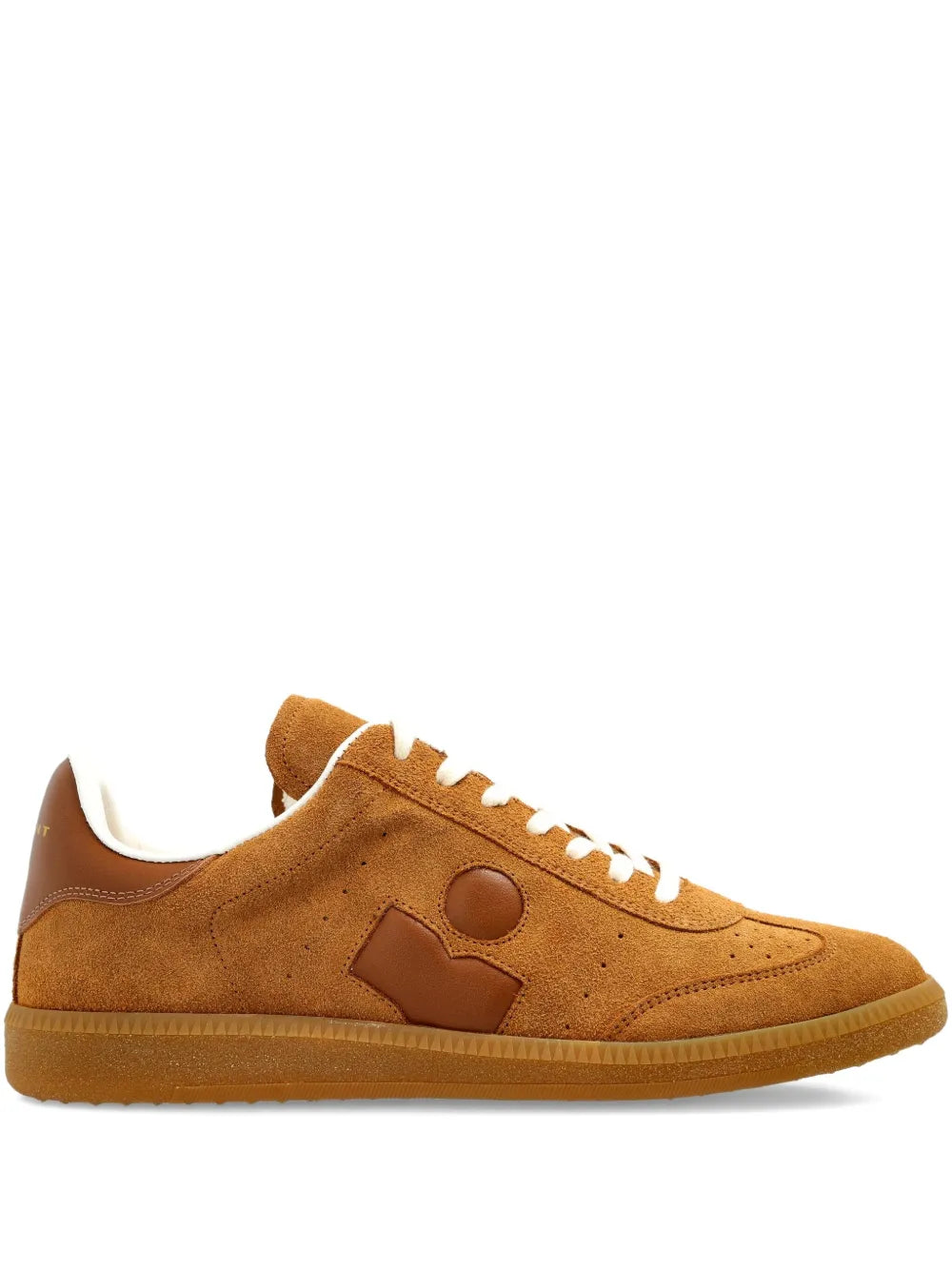 Brown suede low-top sneakers with white laces and a gum rubber sole