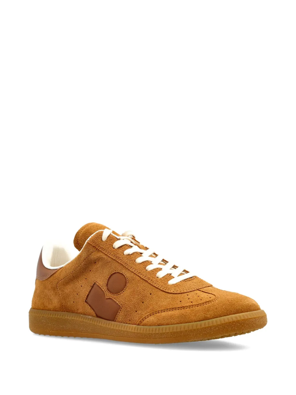 Brown suede low-top sneakers with side logo and white lace-up closure