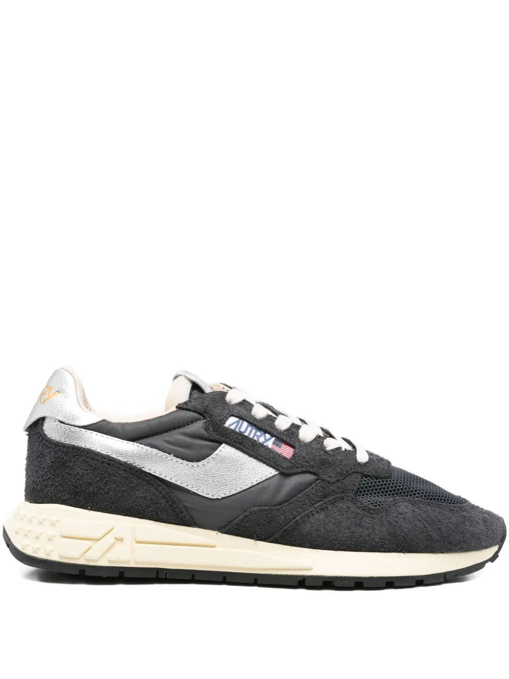 Black suede panelled sneakers with contrast silver heel tab and cream rubber sole