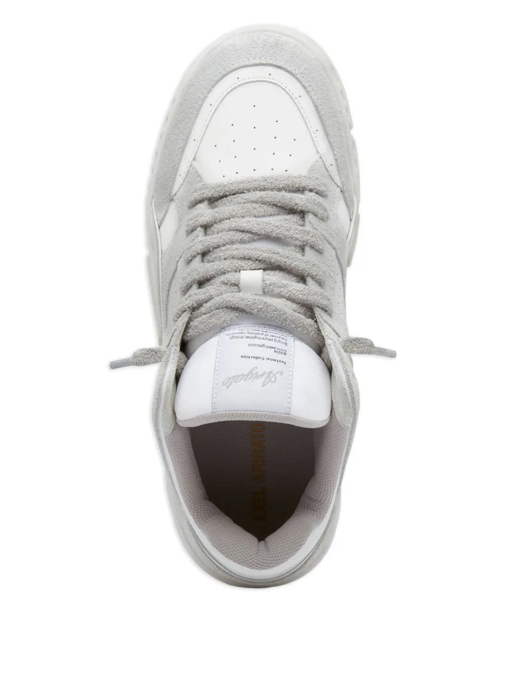 Off-white leather low-top sneakers, front view with laces and padded collar