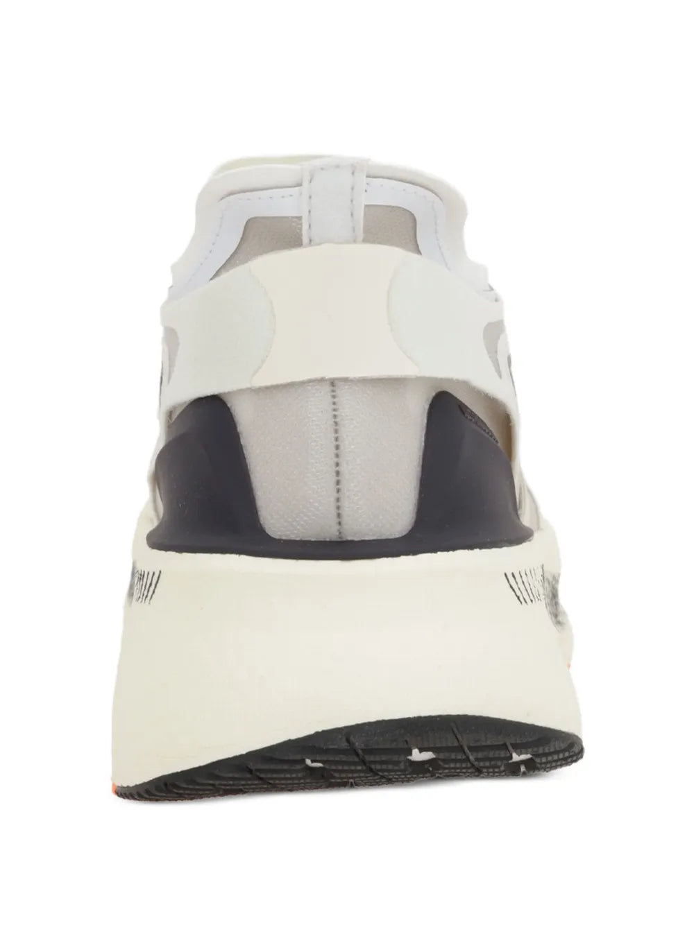 White mesh sneaker heel with padded collar and black rear insert, cushioned platform sole