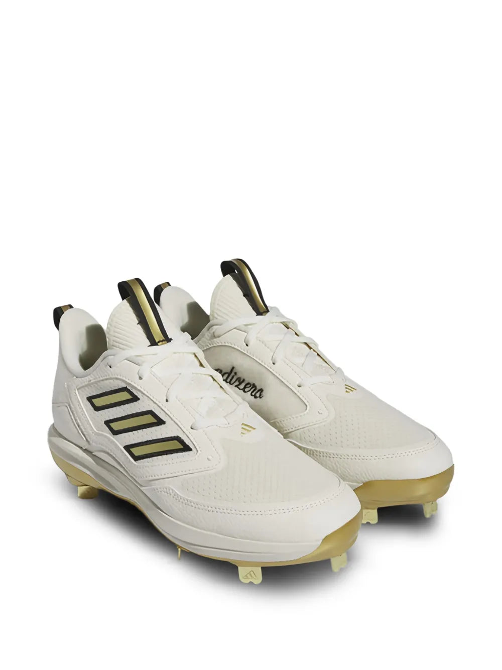 adidas off-white football cleats, dark green logo and gold studded sole
