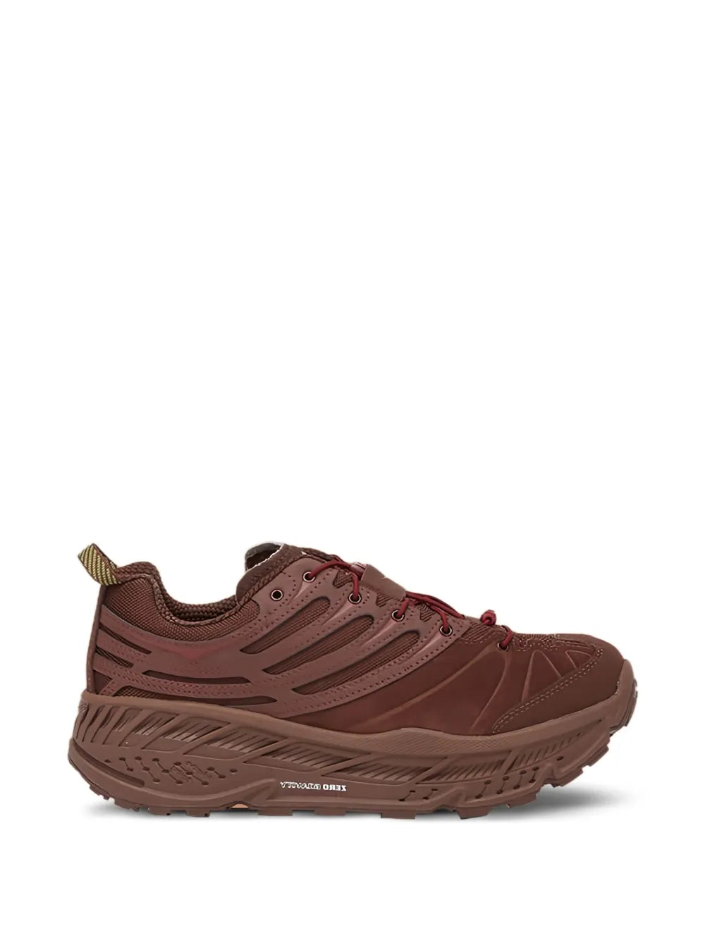 Brown Hoka Stinson Evo trainer, front side view with perforated panels and lace-up