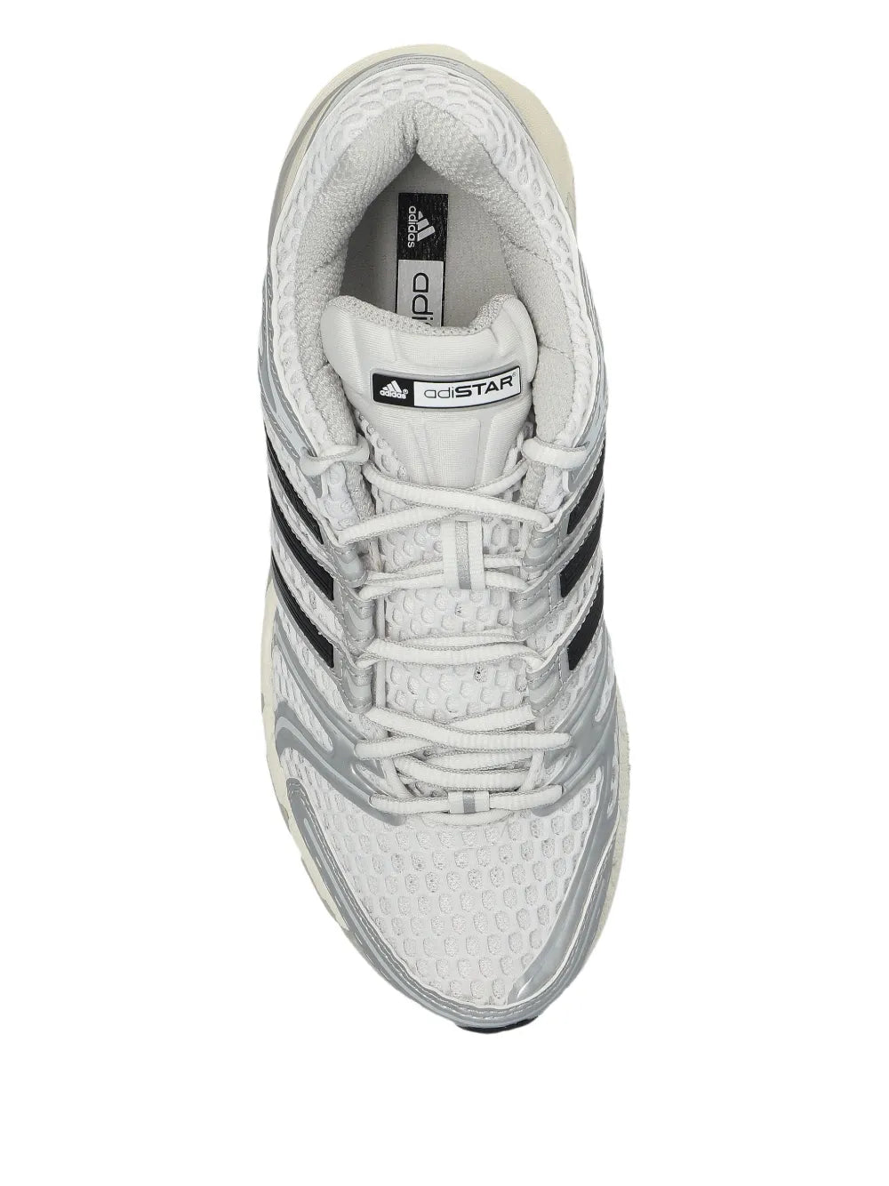 adidas running shoes, white and silver-gray lace-up with padded collar and cushioned interior