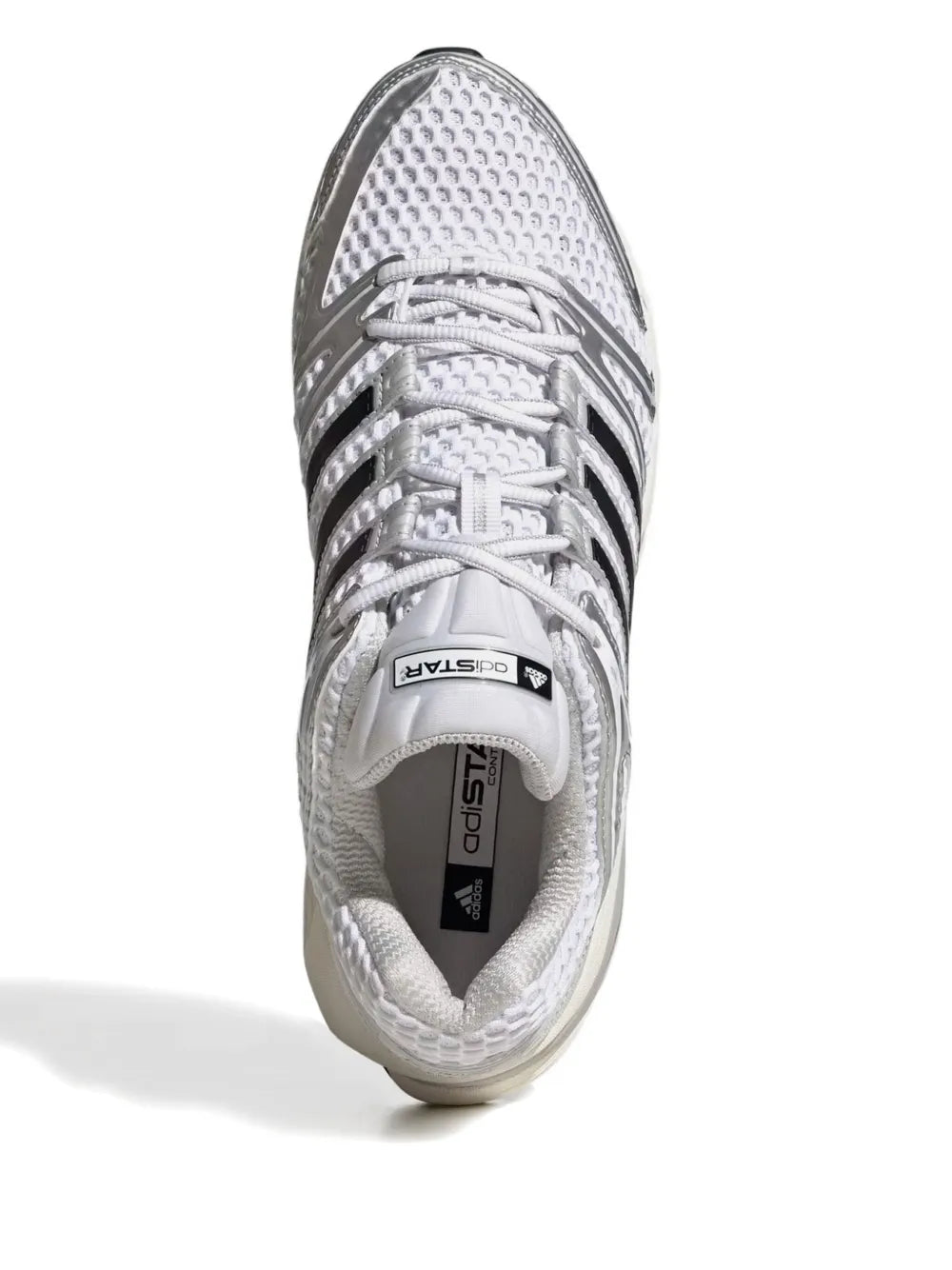 adidas running shoes with lace-up front, textured mesh upper and black stripe accents